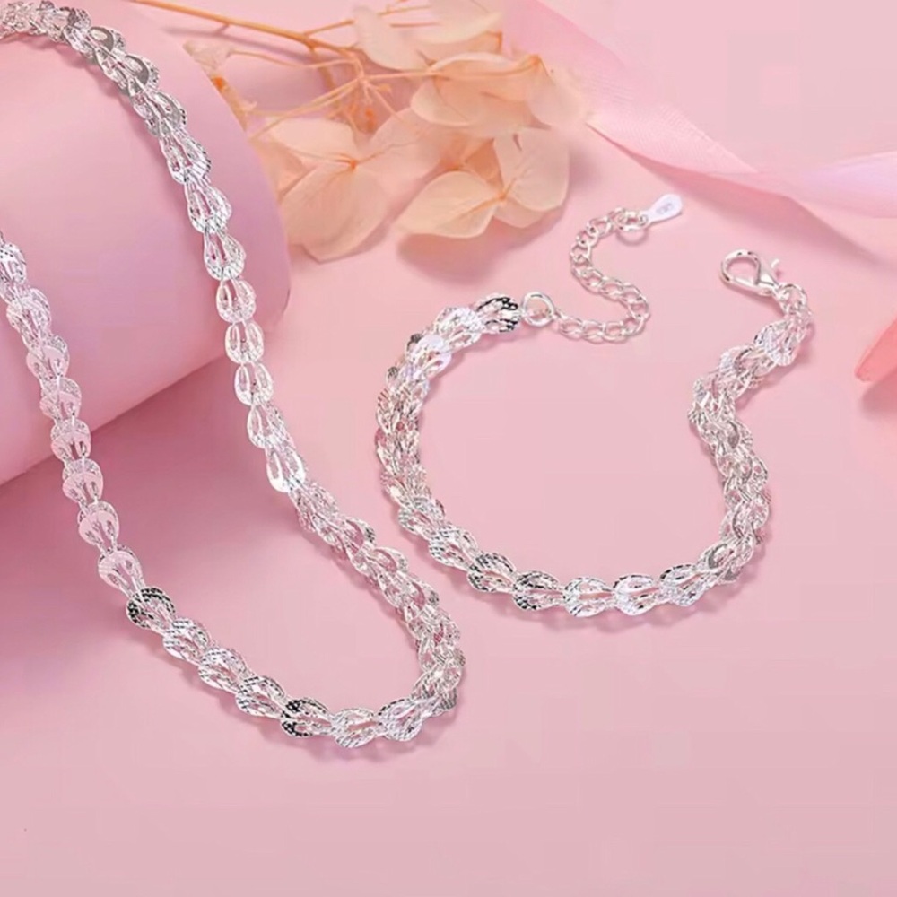 Elegant Sterling Silver Rope Chain Necklace & Bracelet Set - Women Jewelry
